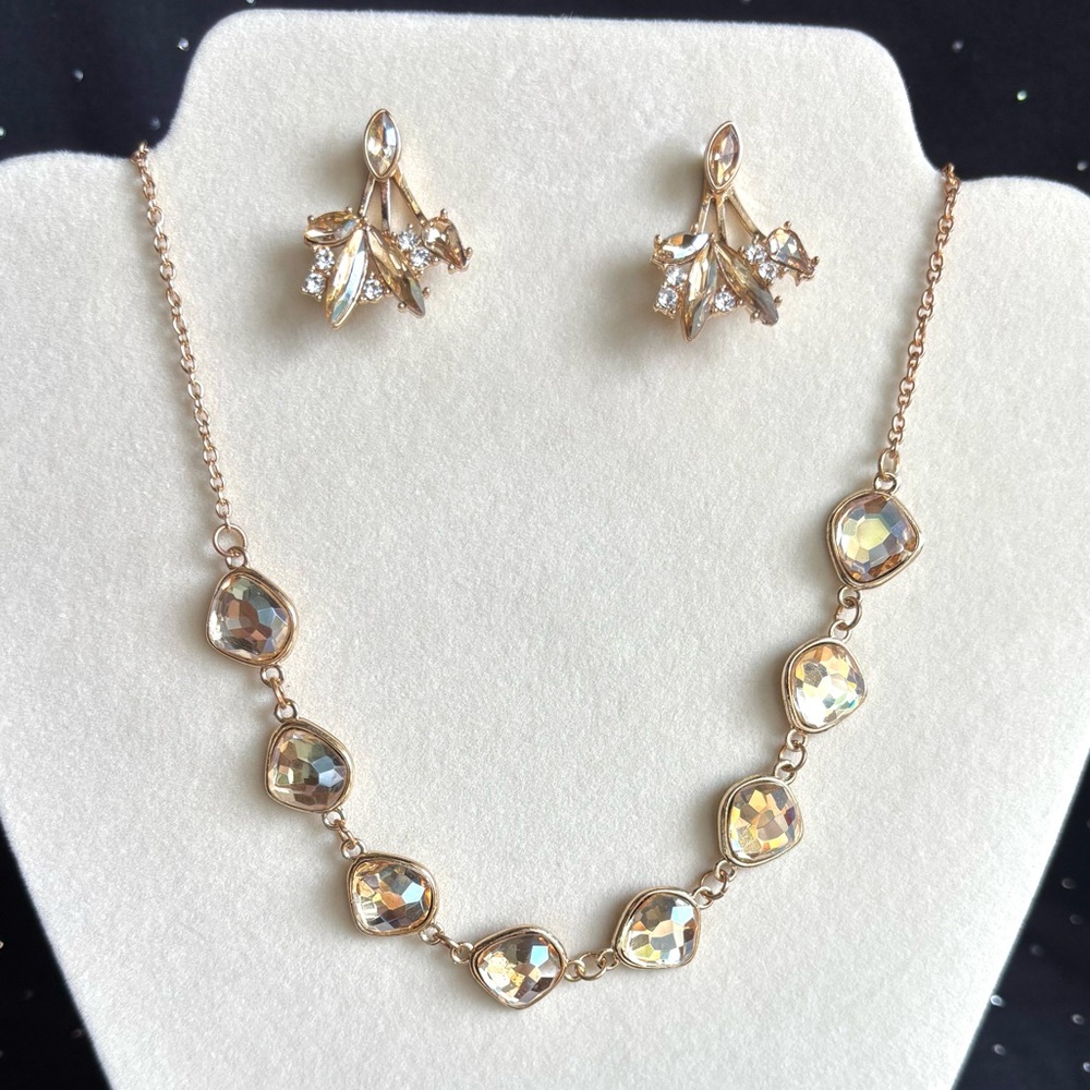 Gold-Tone Crystal Drop Necklace and Post Back Earrings Set